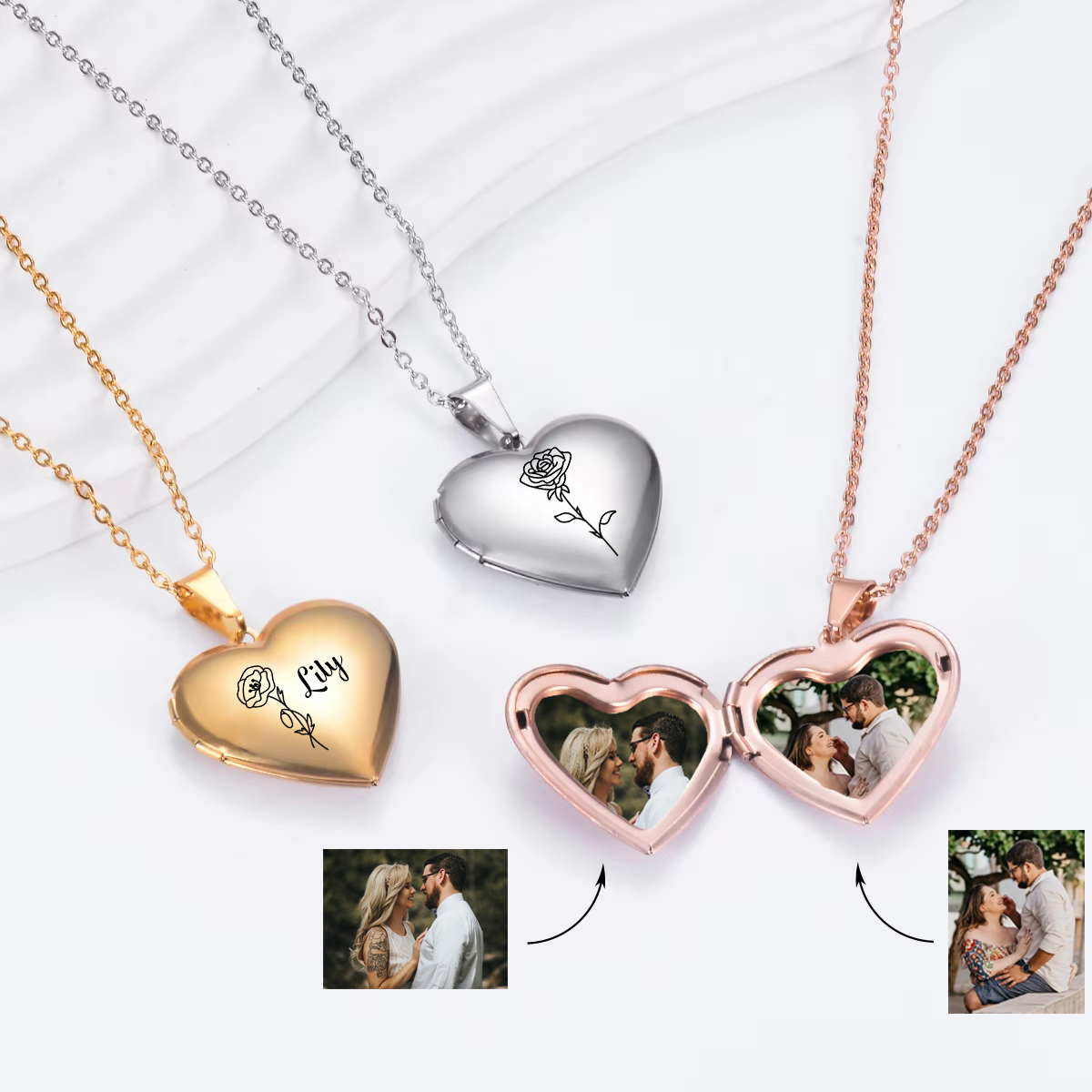 Heart Locket Necklace Photo - Персонализированное ожерелье-медальон с сердцем и цветком